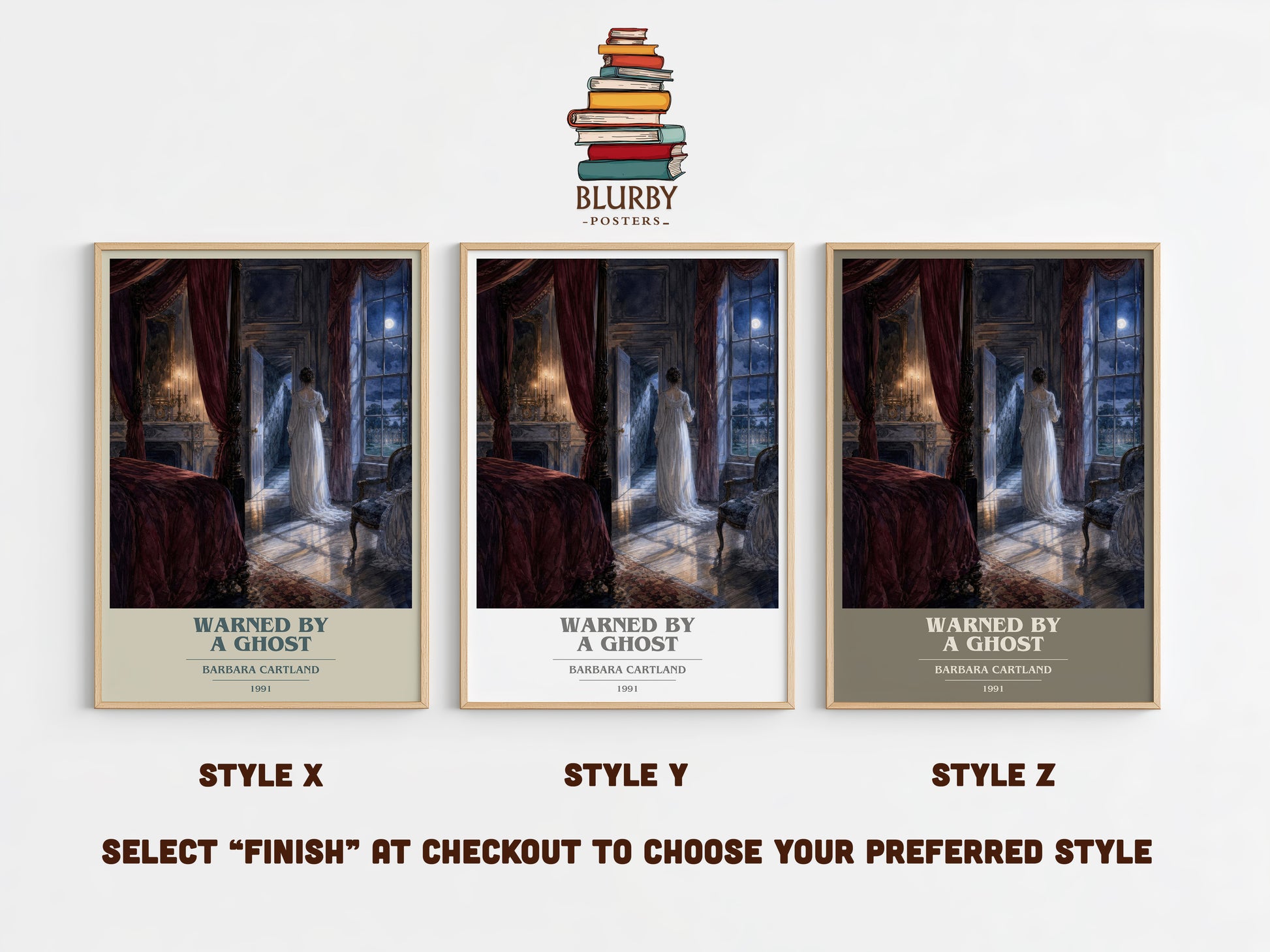 Warned By A Ghost book cover print in frame leaning in hallway – romance wall art