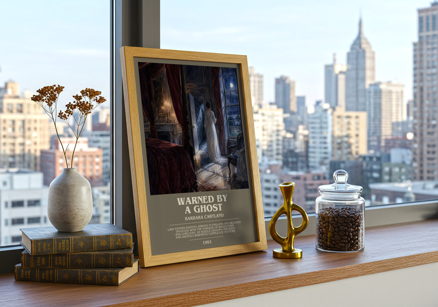 Warned By A Ghost bookish print framed by window – literary home decor