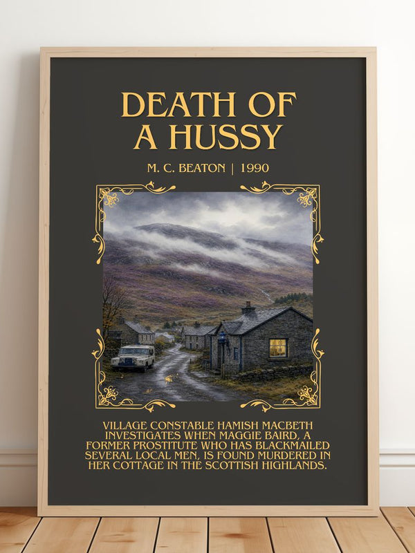 Death of a Hussy Minimalist Book Poster by M. C. Beaton – framed print leaning on a wooden floor