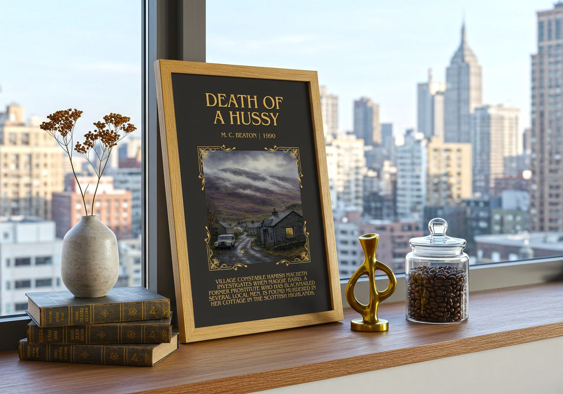 Death of a Hussy Minimalist Book Poster by M. C. Beaton – framed print on a city-view windowsill