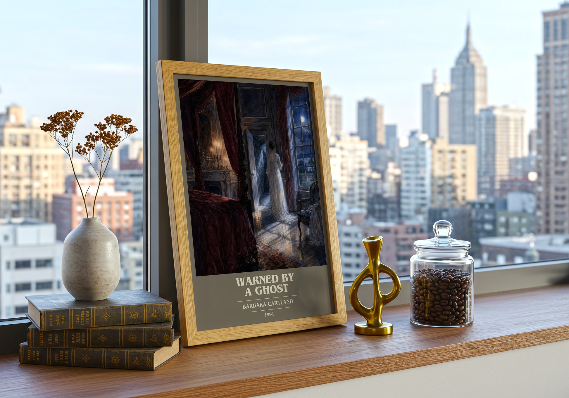 Warned By A Ghost book cover print framed by window – literary home decor