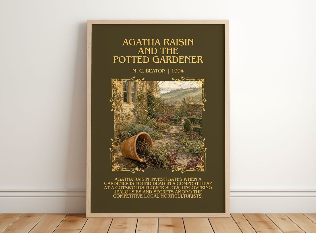 Agatha Raisin and the Potted Gardener Minimalist Book Poster – framed print leaning on a wooden floor