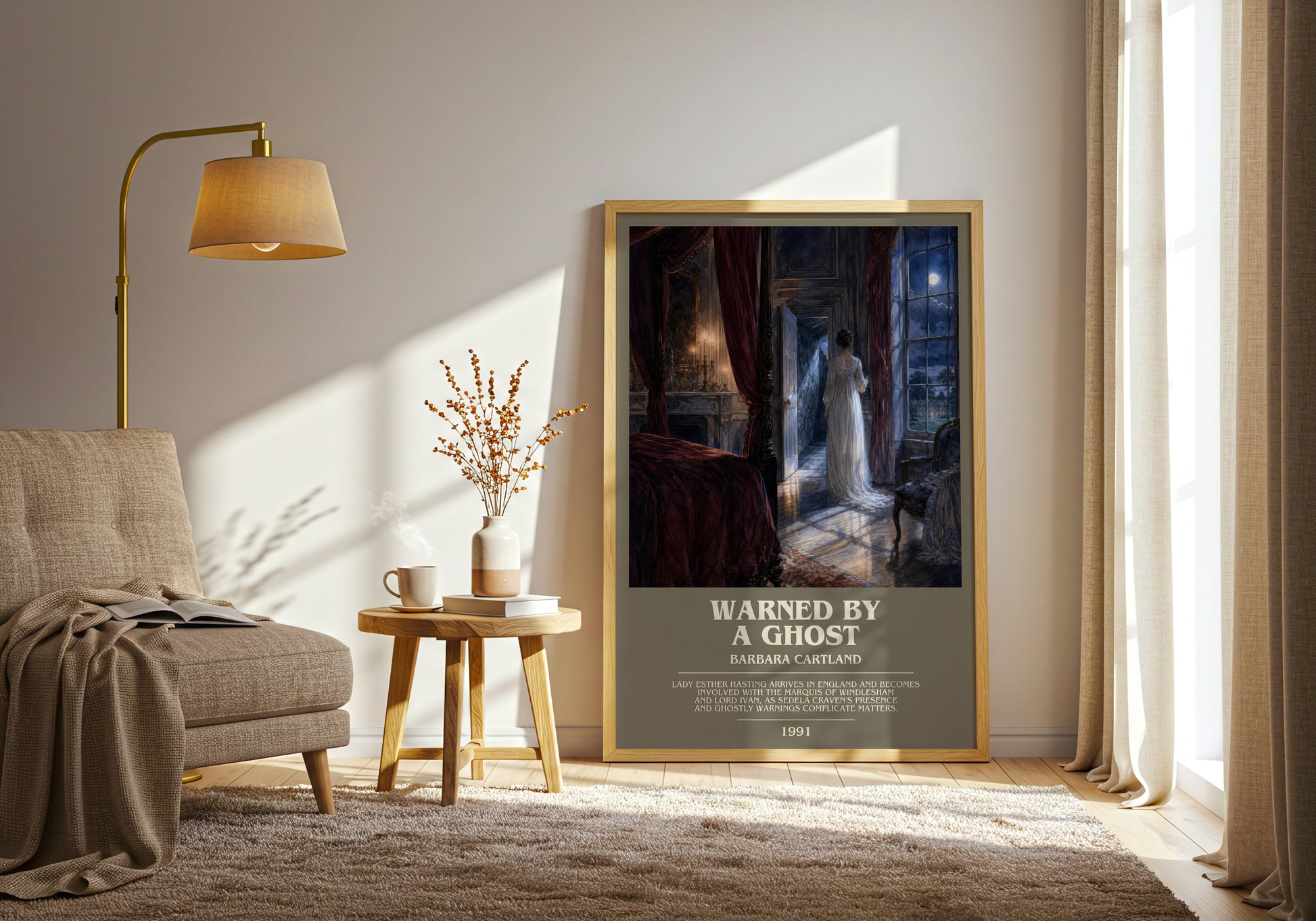 Warned By A Ghost bookish print on bookshelf – Barbara Cartland fan gift