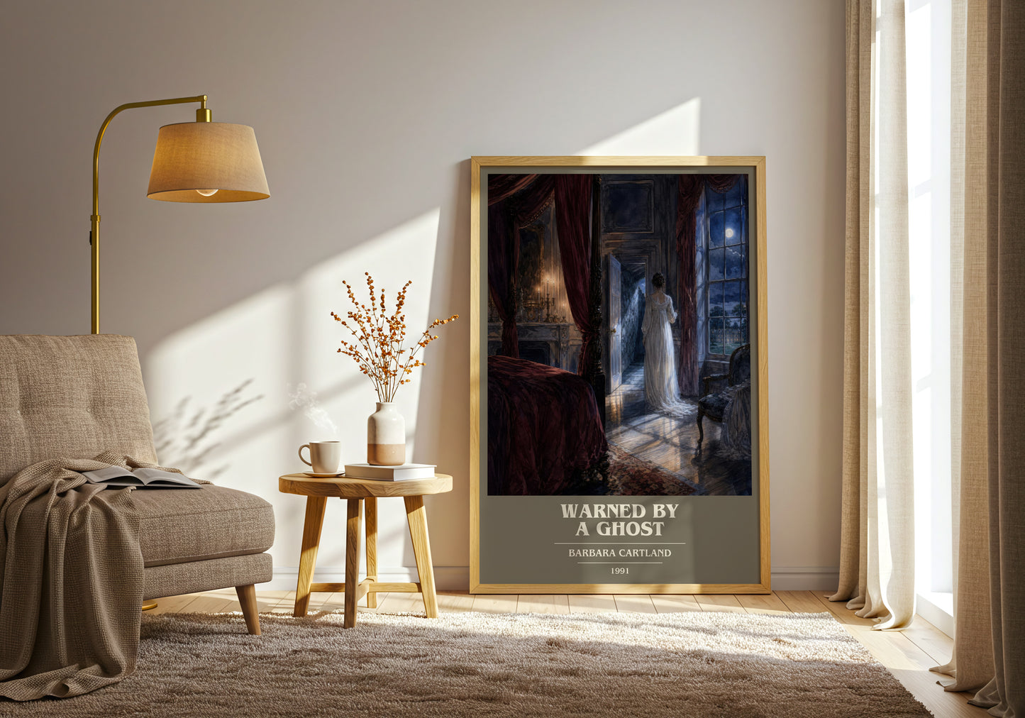 Warned By A Ghost book cover print on bookshelf – Barbara Cartland fan gift