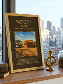 Morality for Beautiful Girls Minimalist Book Poster by A. Smith – framed print on a city-view windowsill