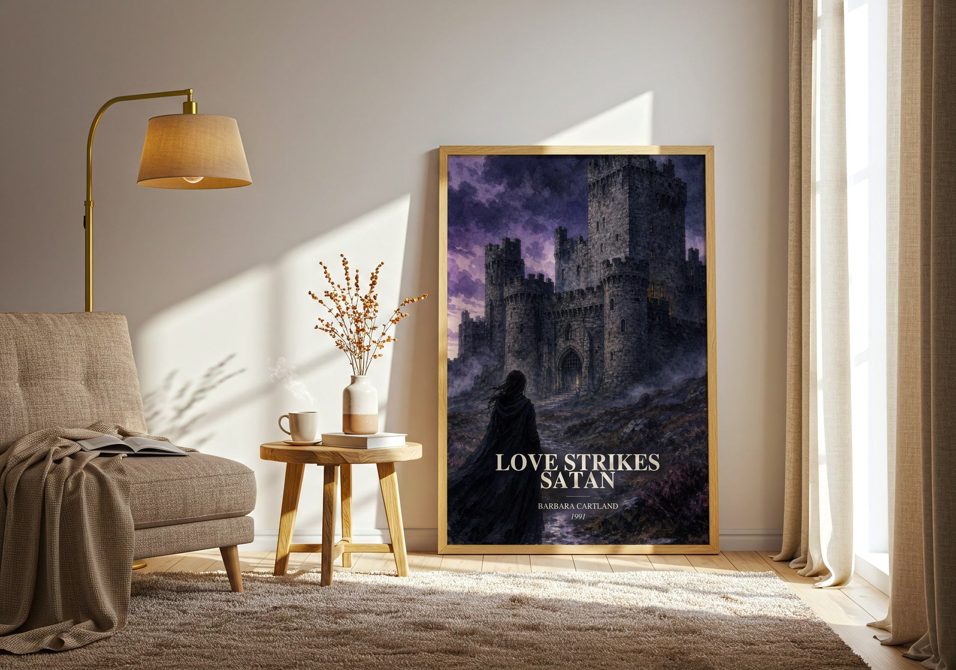 Love Strikes Satan watercolour print in frame leaning in hallway – romance wall art