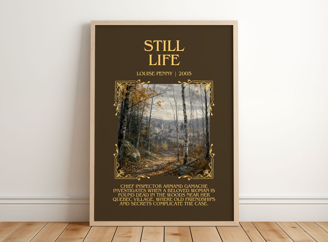 Still Life Minimalist Book Poster by Louise Penny – framed print leaning on a wooden floor