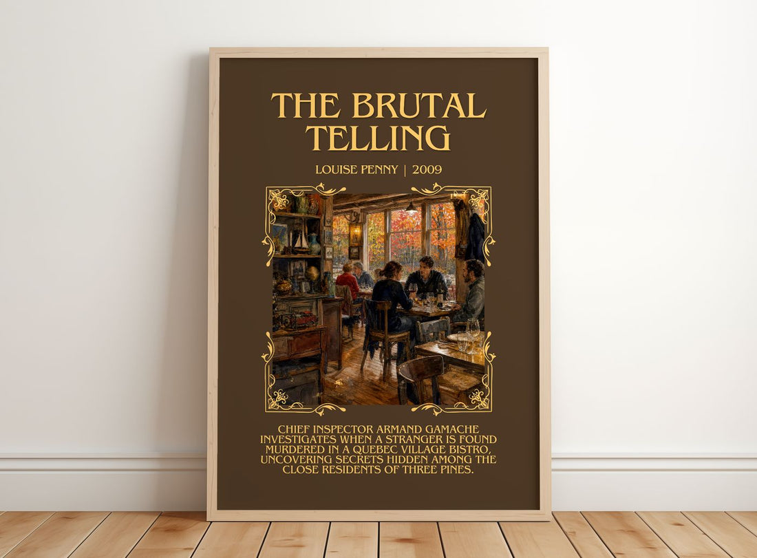 The Brutal Telling Minimalist Book Poster by Louise Penny – framed print leaning on a wooden floor