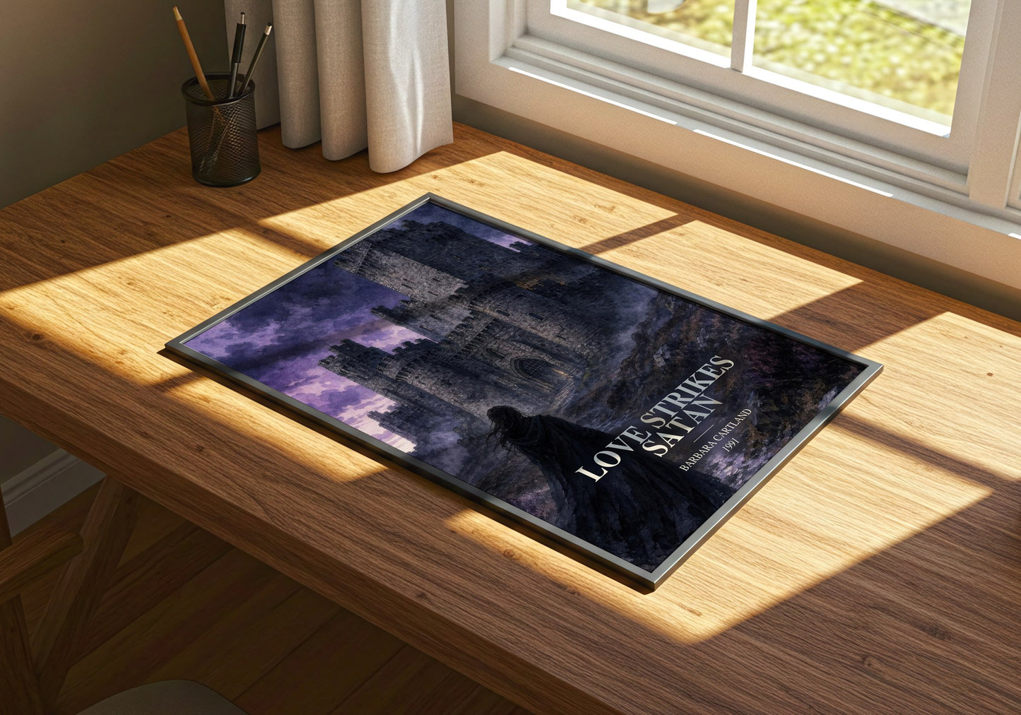 Love Strikes Satan watercolour book poster framed on wall – romance wall art
