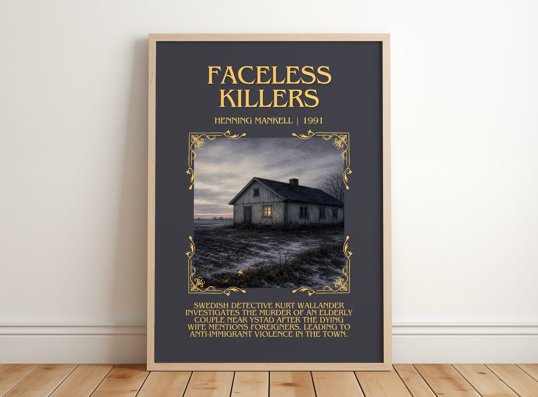 Faceless Killers Minimalist Book Poster by Henning Mankell – framed print leaning on a wooden floor