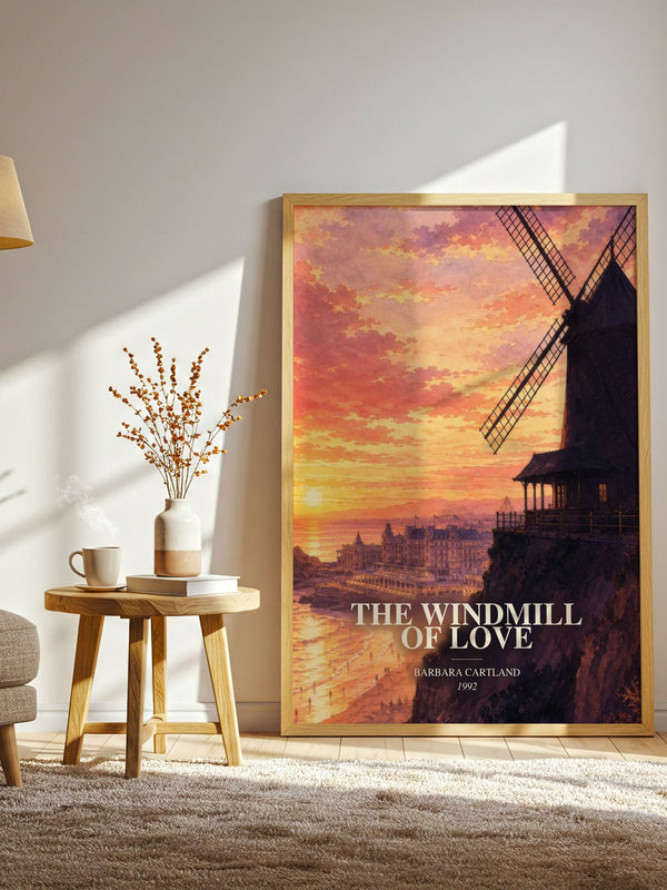 The Windmill Of Love watercolour print in frame leaning in hallway – romance wall art