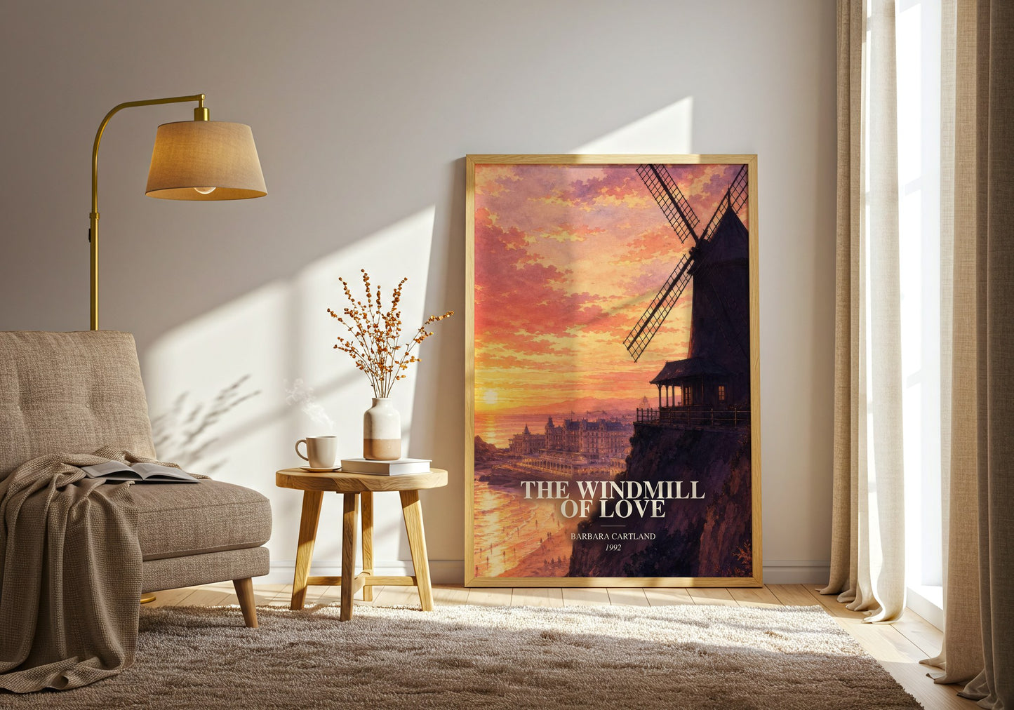 The Windmill Of Love watercolour print in frame leaning in hallway – romance wall art