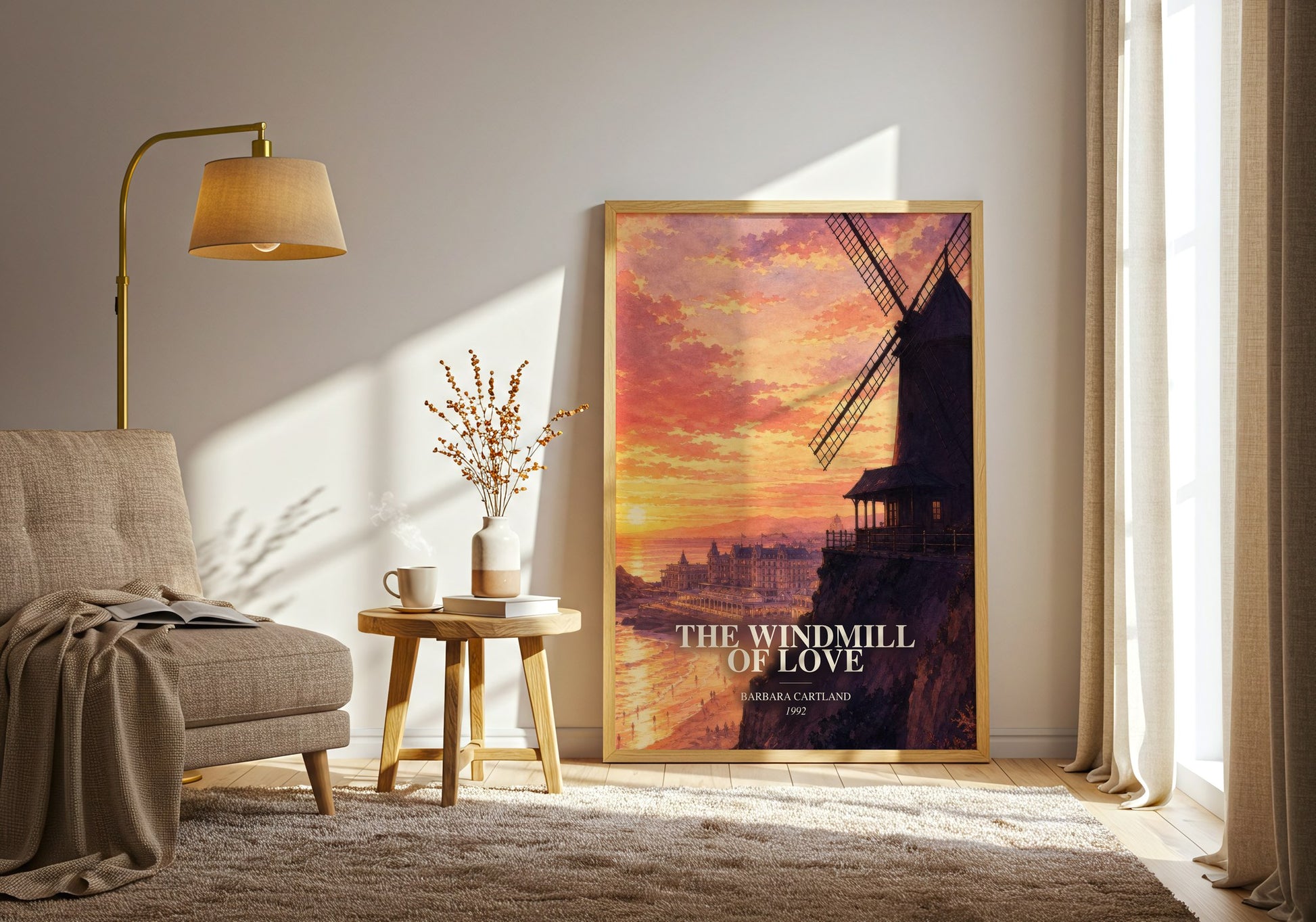 The Windmill Of Love watercolour print in frame leaning in hallway – romance wall art