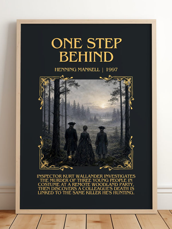 One Step Behind Minimalist Book Poster by Henning Mankell – framed print leaning on a wooden floor