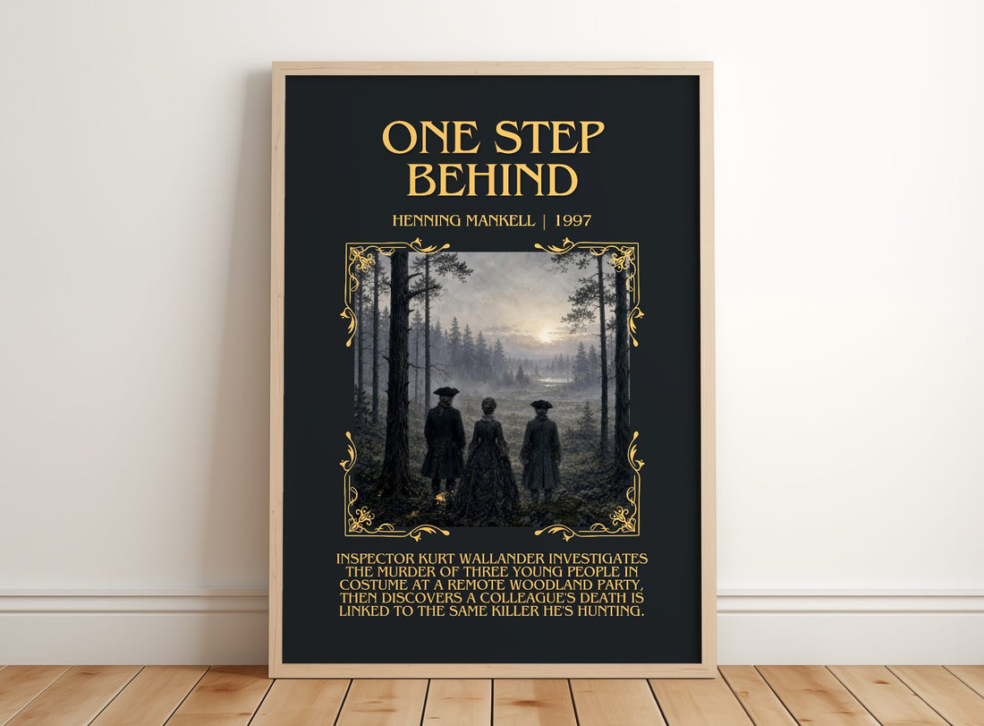 One Step Behind Minimalist Book Poster by Henning Mankell – framed print leaning on a wooden floor