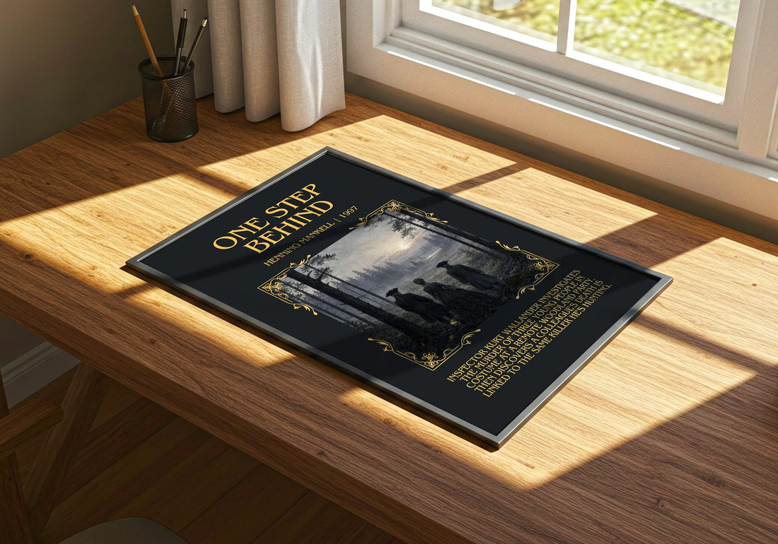One Step Behind Minimalist Book Poster by Henning Mankell – print on a sunlit desk