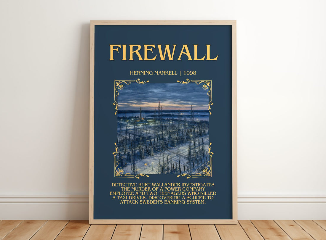 Firewall Minimalist Book Poster by Henning Mankell – framed print leaning on a wooden floor