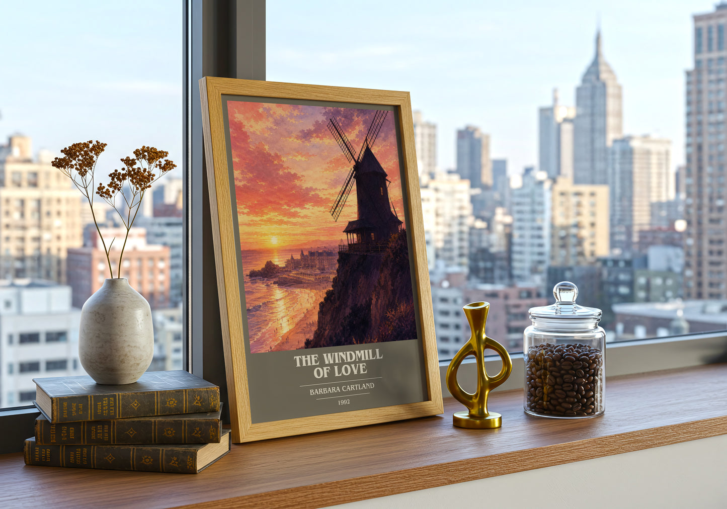 The Windmill Of Love book cover print framed by window – literary home decor