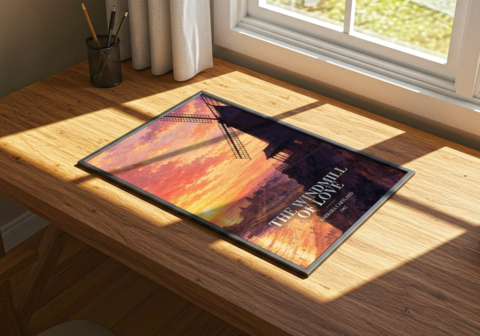 The Windmill Of Love watercolour book poster framed on wall – romance wall art