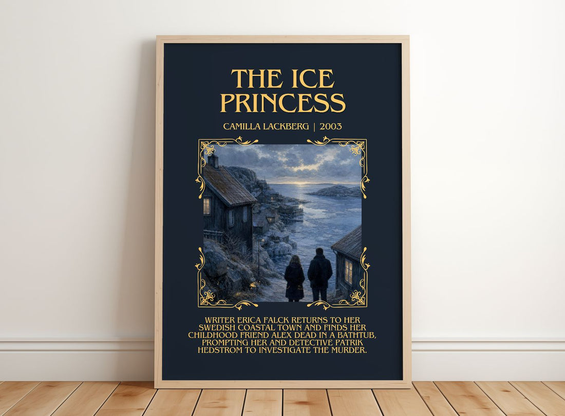 The Ice Princess Minimalist Book Poster by Camilla Läckberg – framed print leaning on a wooden floor