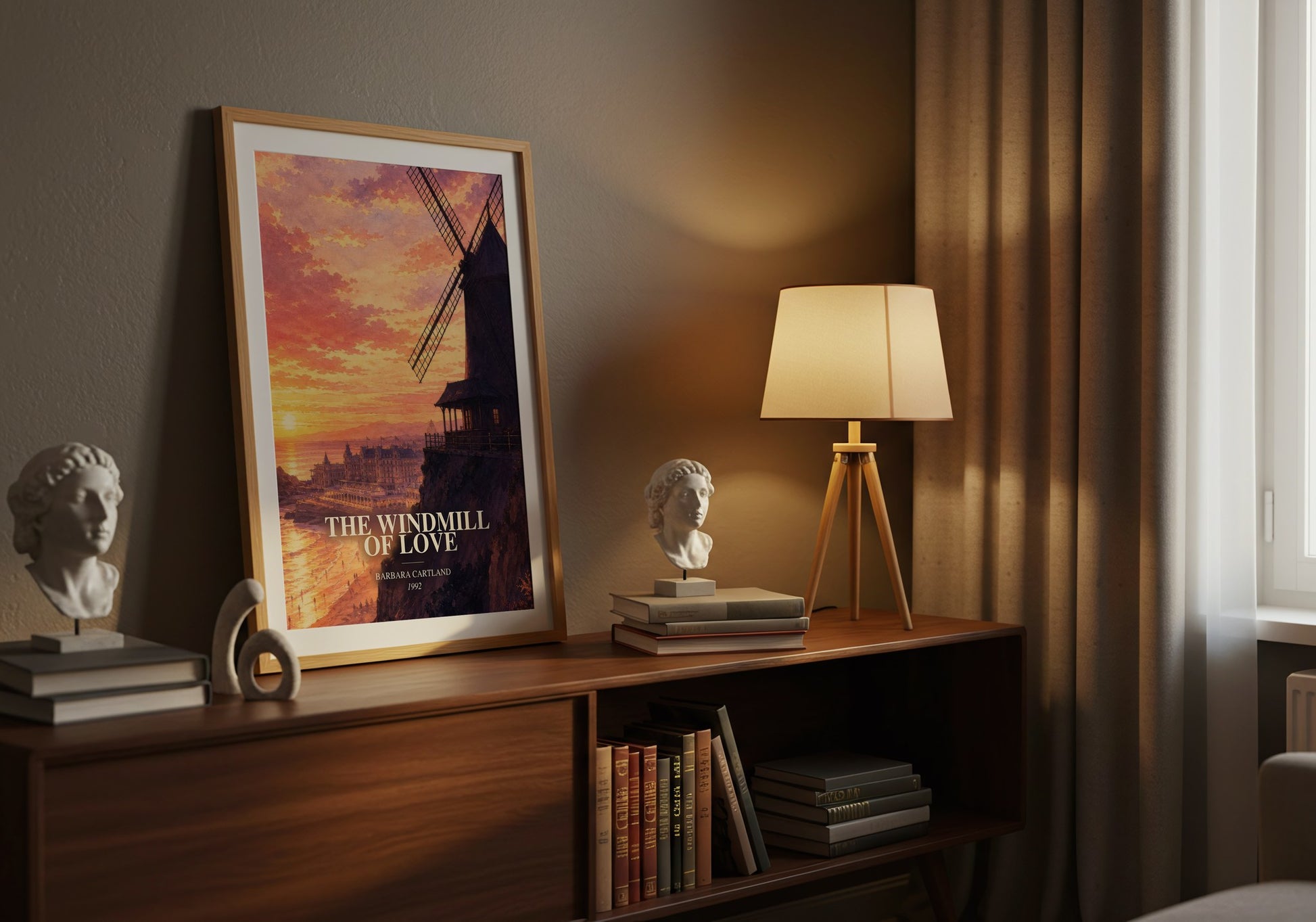 The Windmill Of Love watercolour print on bookshelf – Barbara Cartland fan gift
