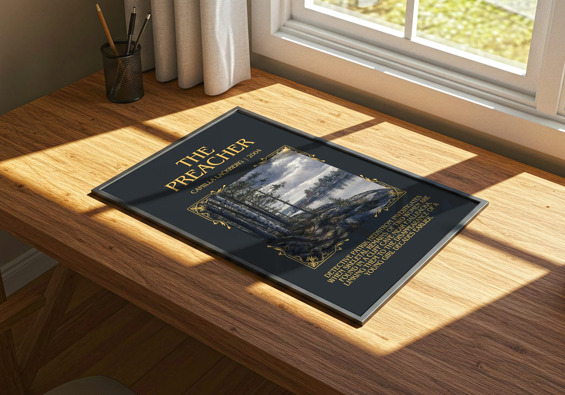 The Preacher Minimalist Book Poster by Camilla Läckberg – print on a sunlit desk