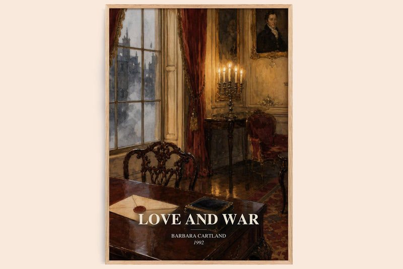 Love And War watercolour book poster by Barbara Cartland – framed literary art print