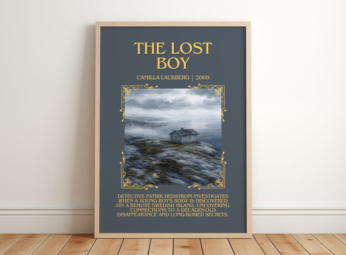 The Lost Boy Minimalist Book Poster by Camilla Läckberg – framed print leaning on a wooden floor