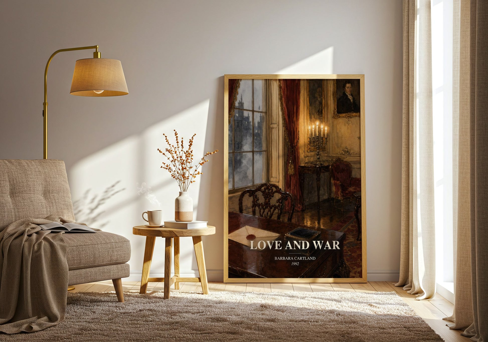 Love And War watercolour print in frame leaning in hallway – romance wall art