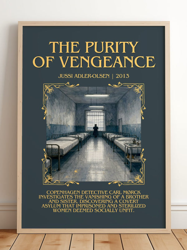The Purity of Vengeance Minimalist Book Poster by Jussi Adler-Olsen – framed print leaning on a wooden floor