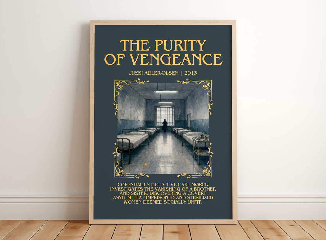 The Purity of Vengeance Minimalist Book Poster by Jussi Adler-Olsen – framed print leaning on a wooden floor