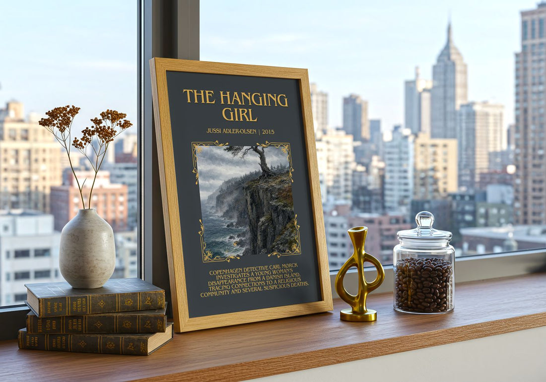 The Hanging Girl Minimalist Book Poster by Jussi Adler-Olsen – framed print on a city-view windowsill