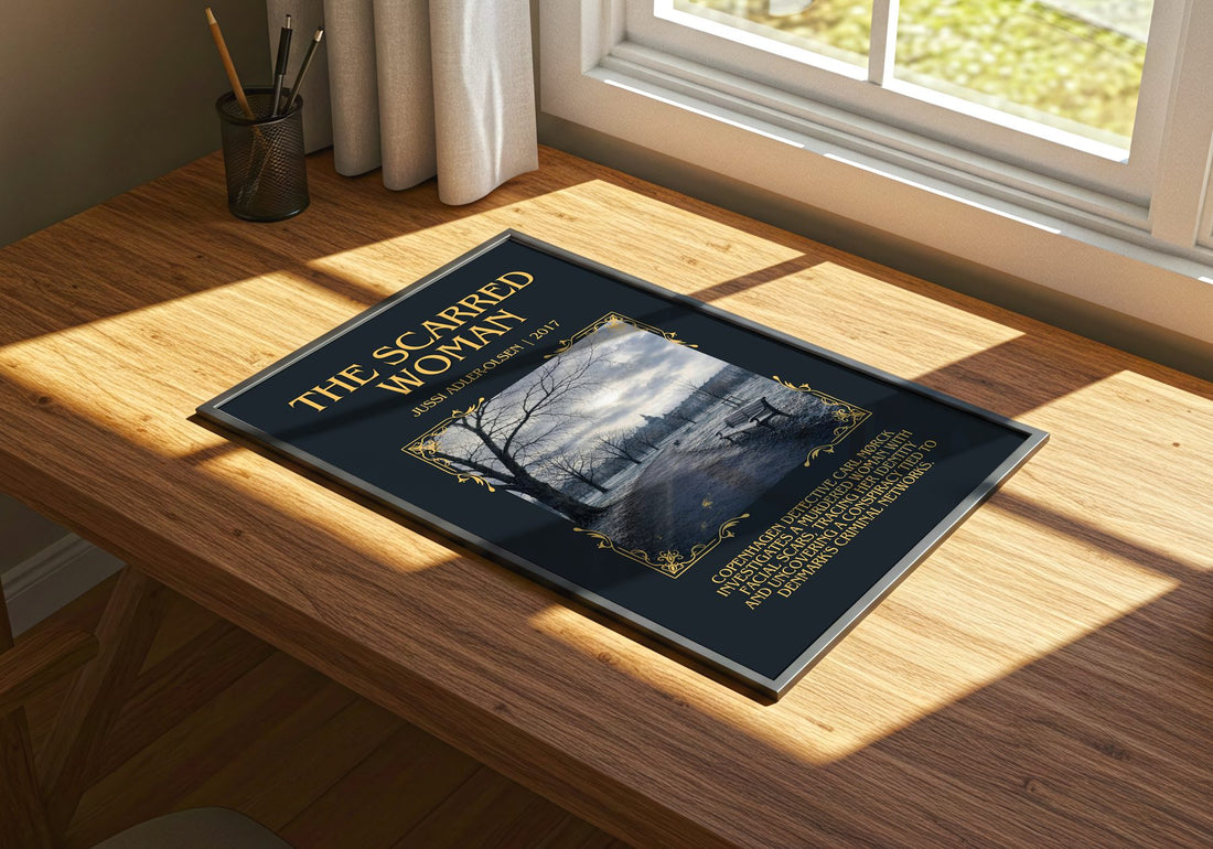 The Scarred Woman Minimalist Book Poster by Jussi Adler-Olsen – print on a sunlit desk