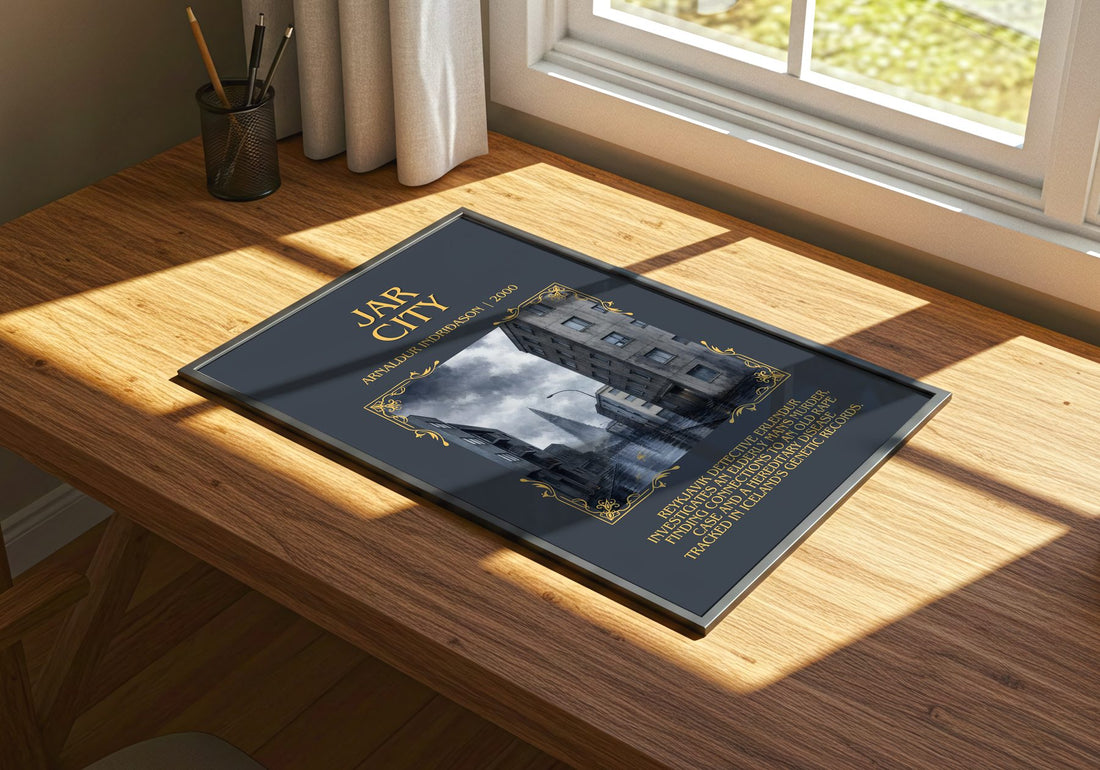 Jar City Minimalist Book Poster by Arnaldur Indriðason – print on a sunlit desk
