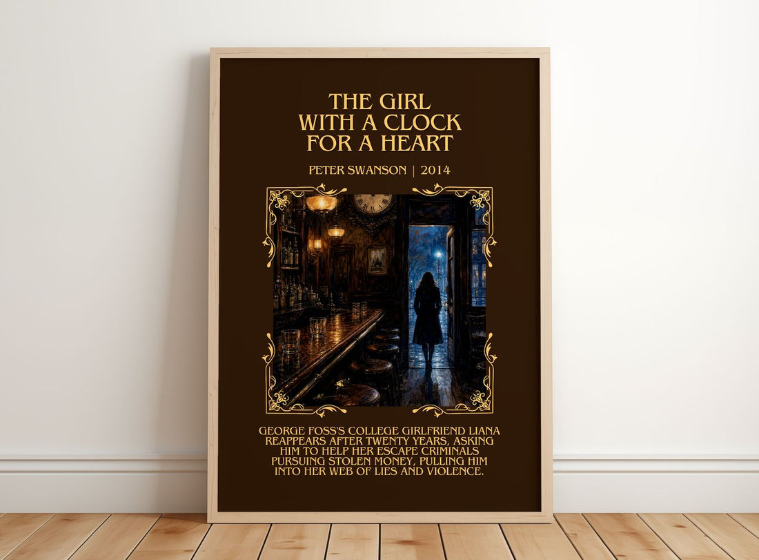 Girl with a Clock for a Heart Minimalist Book Poster by Peter Swanson – framed print leaning on a wooden floor
