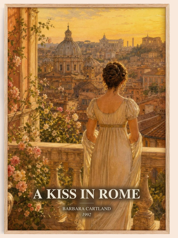 A Kiss In Rome watercolour book poster by Barbara Cartland – framed literary art print