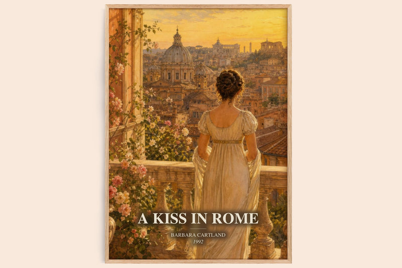 A Kiss In Rome watercolour book poster by Barbara Cartland – framed literary art print