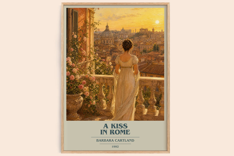 A Kiss In Rome book cover book poster by Barbara Cartland – framed literary art print