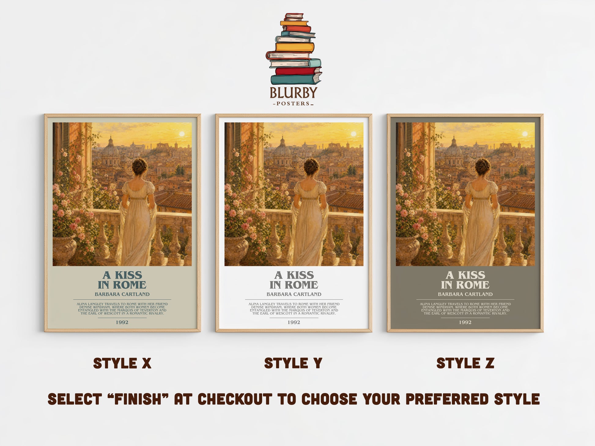 A Kiss In Rome bookish print in frame leaning in hallway – romance wall art