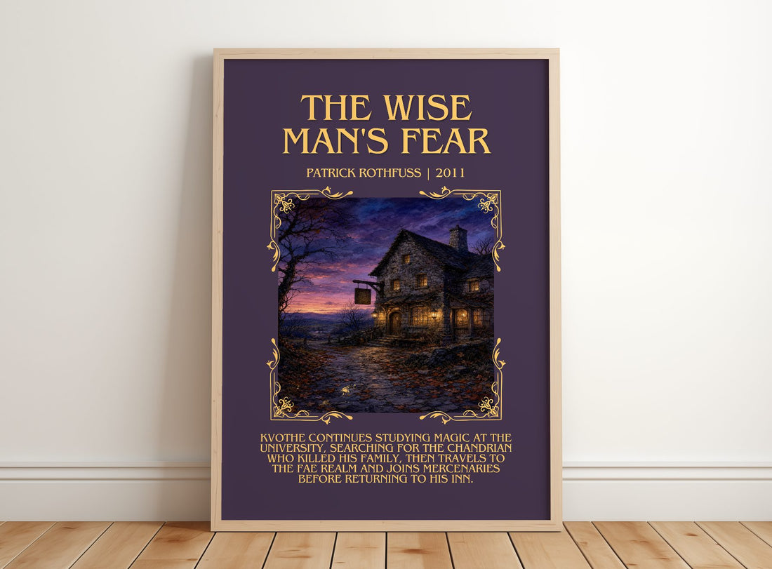 The Wise Man's Fear Minimalist Book Poster by Patrick Rothfuss – framed print leaning on a wooden floor