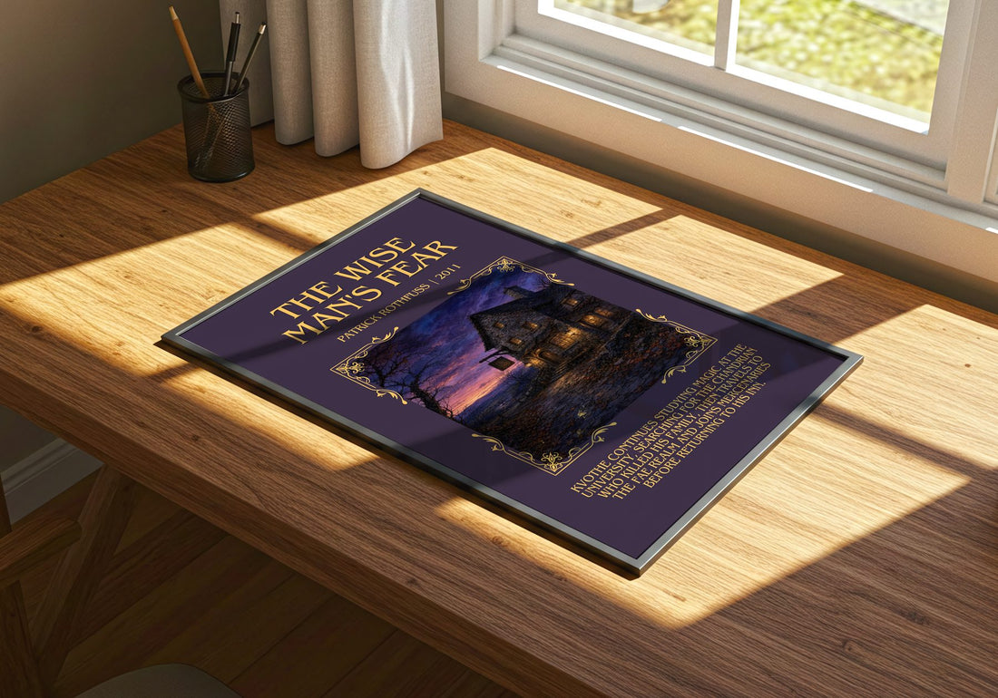 The Wise Man's Fear Minimalist Book Poster by Patrick Rothfuss – print on a sunlit desk
