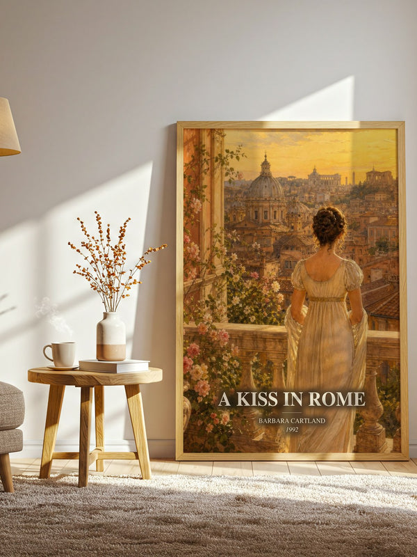 A Kiss In Rome watercolour print in frame leaning in hallway – romance wall art
