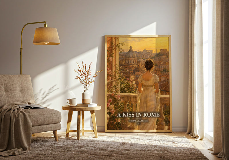 A Kiss In Rome watercolour print in frame leaning in hallway – romance wall art