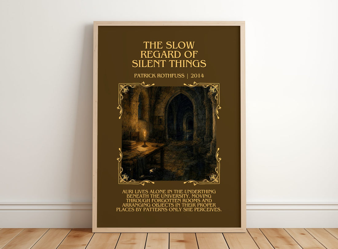 Slow Regard of Silent Things Minimalist Book Poster by P. Rothfuss – framed print leaning on a wooden floor