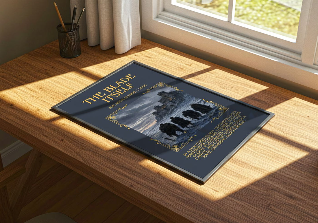 The Blade Itself Minimalist Book Poster by Joe Abercrombie – print on a sunlit desk