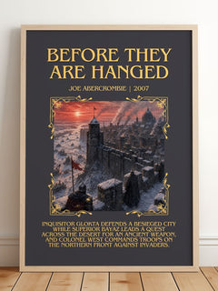 Before They Are Hanged Minimalist Book Poster by Joe Abercrombie – framed print leaning on a wooden floor