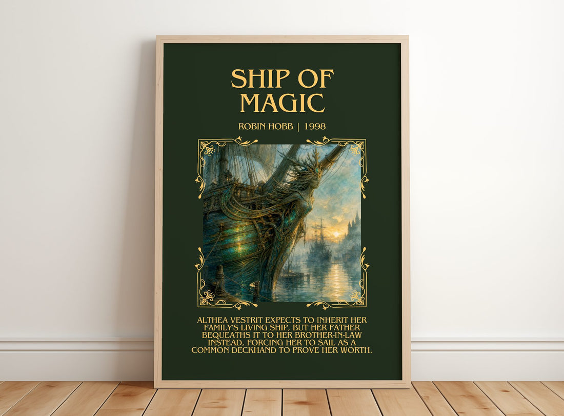 Ship of Magic Minimalist Book Poster by Robin Hobb – framed print leaning on a wooden floor
