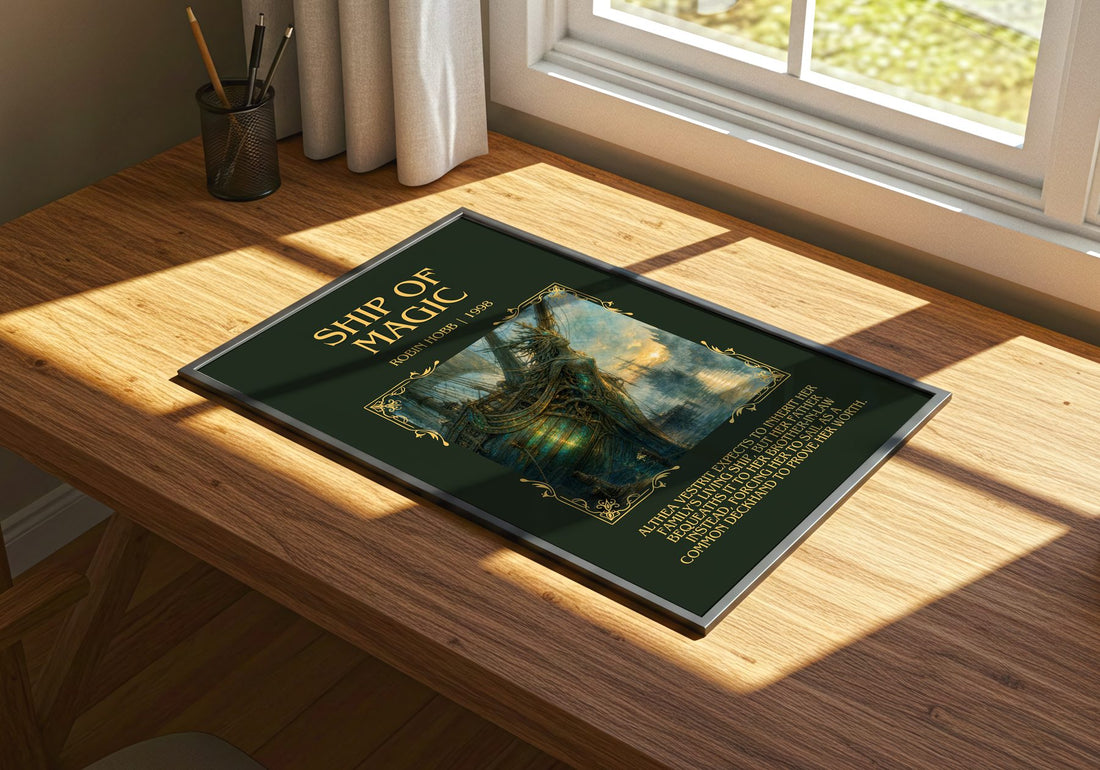 Ship of Magic Minimalist Book Poster by Robin Hobb – print on a sunlit desk