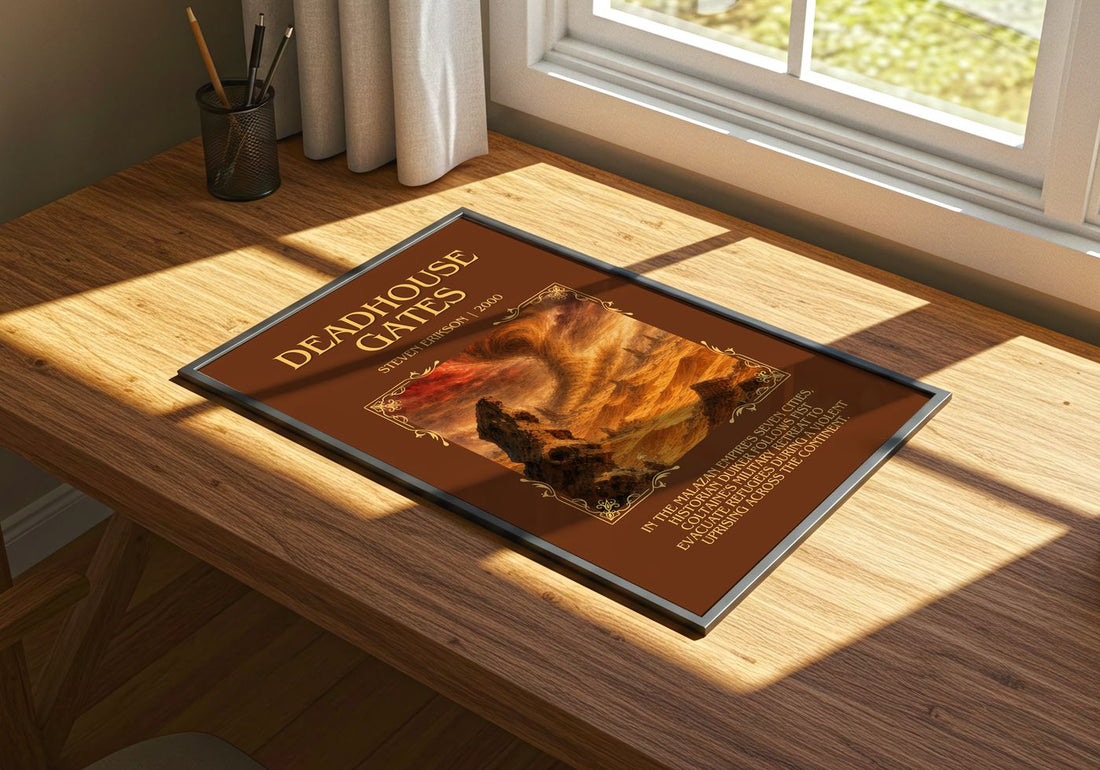 Deadhouse Gates Minimalist Book Poster by Steven Erikson – print on a sunlit desk
