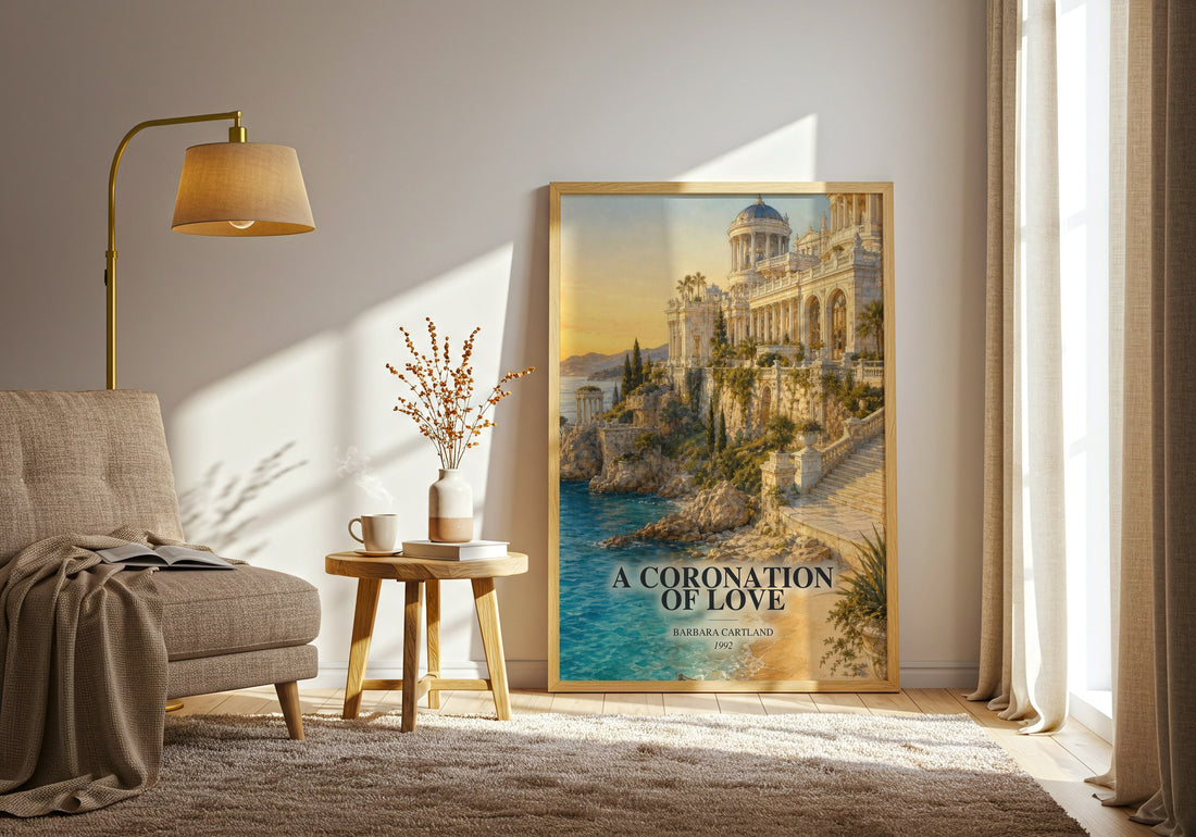 A Coronation Of Love watercolour print in frame leaning in hallway – romance wall art (mockup)